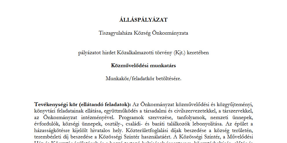 ÁLLÁS PÁLYÁZAT 2026.07.20