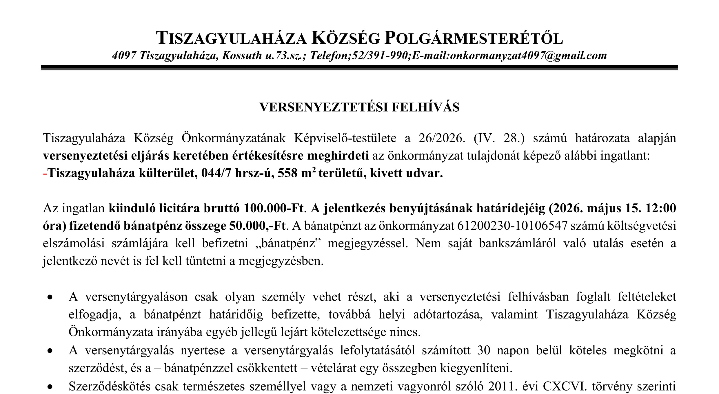 VERSENYEZTETÉSI FELHÍVÁS 2026.04.28